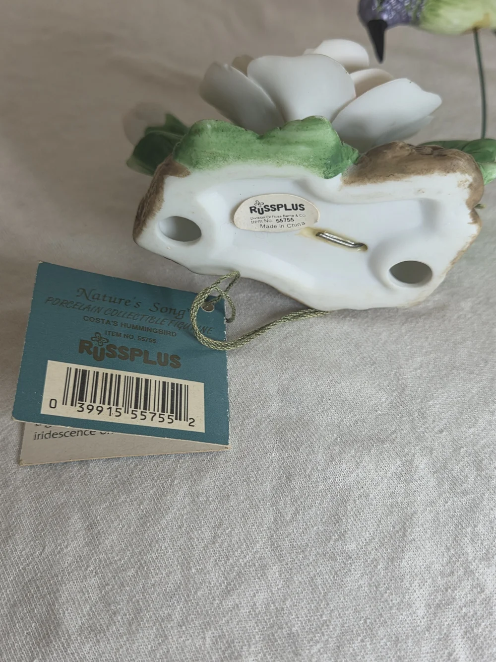 Porcelain Floral Bird Figurine - Green Hummingbird Decorative Accent